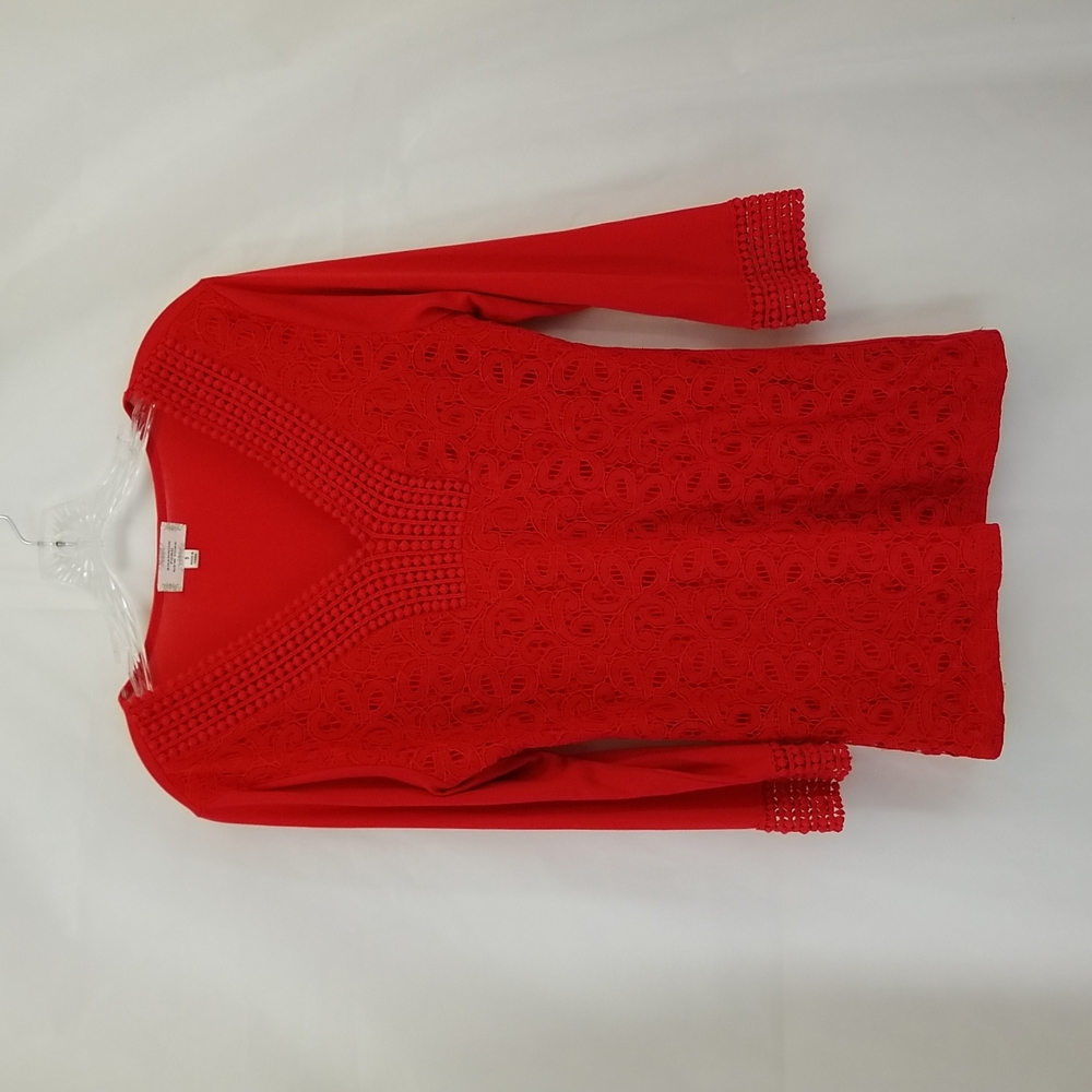 Shannon Ford New York Red V-Neck 3/4 Sleeve Dot & Lace Tunic Shirt